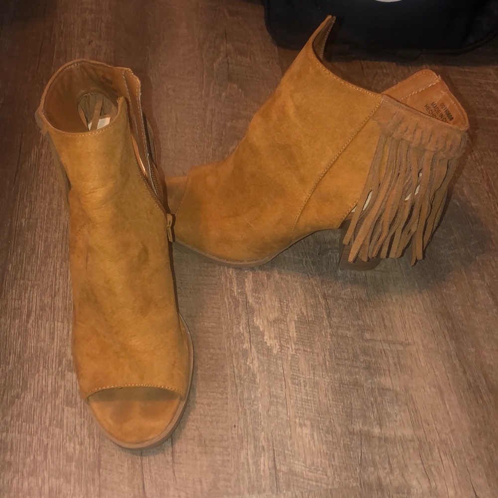 fringe open toe heels